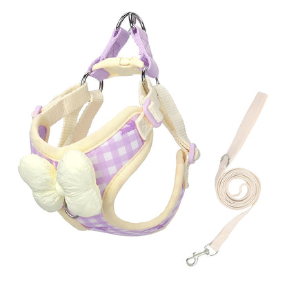 Korean style plaids bow dog cat chest harness in purple and white pattern with attached leash.