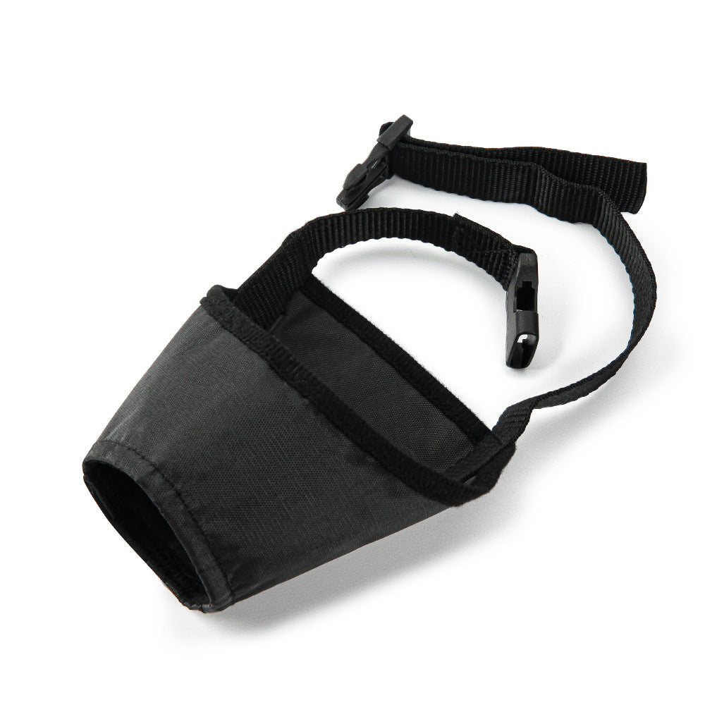 Adjustable black dog muzzle made of breathable, tear-resistant mesh material for anti-barking and light rain protection.