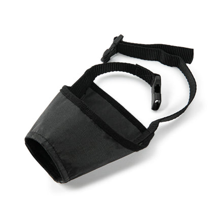 Adjustable black dog muzzle made of breathable, tear-resistant mesh material for anti-barking and light rain protection.