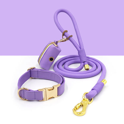 3 Pcs Leather Collar And Poop Bag Handmade Rope Leash Set