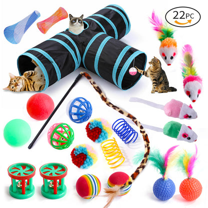 22PCS Cat Toy Feather Ball Bell Mouse Teaser Interactive Pet Cat Tunnel Set