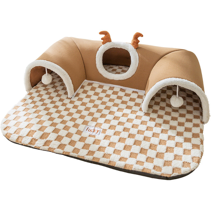 Removable Washable Soft Cat Mat 2 in 1 Grey Cat Pet Play Bed Cat Tunnel