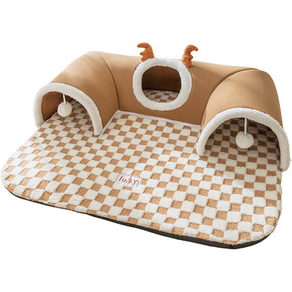 Removable Washable Soft Cat Mat 2 in 1 Grey Cat Pet Play Bed Cat Tunnel
