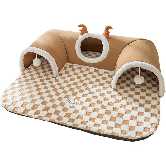 Removable Washable Soft Cat Mat 2 in 1 Grey Cat Pet Play Bed Cat Tunnel