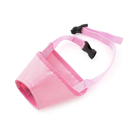 Adjustable Anti-Barking Dog Muzzle in pink, featuring a breathable, light rain protection design, displayed on a white background.