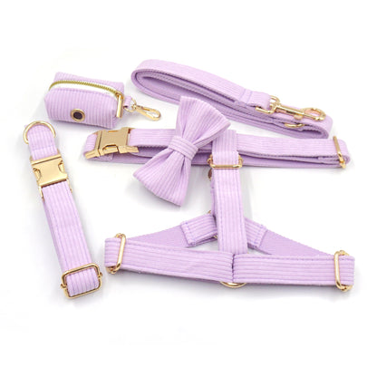 Pink Purple Stripe Velvet Personalized Dog Collar Leash Harness Bowtie Poop Bag Set