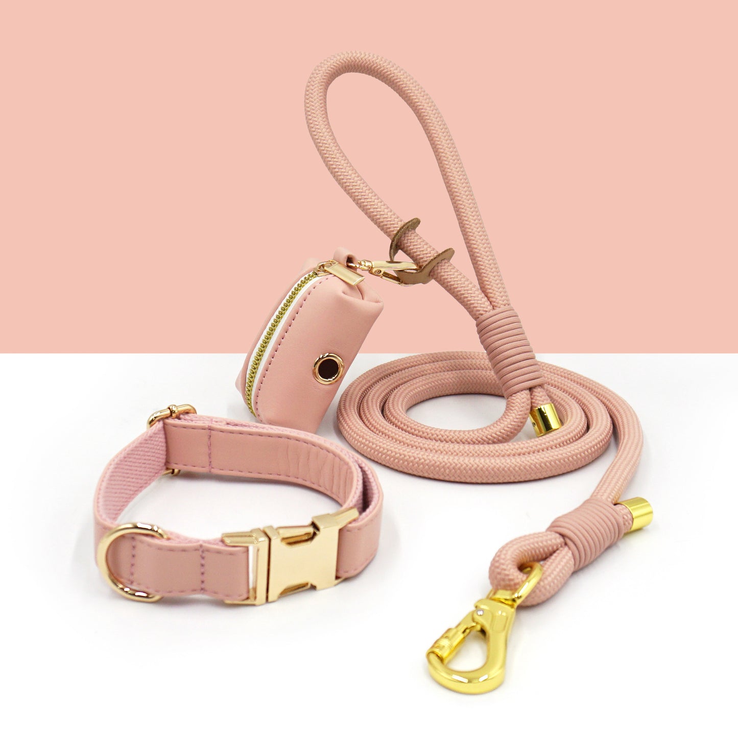 3 Pcs Leather Collar And Poop Bag Handmade Rope Leash Set