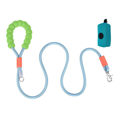 Multi-Functional Dog Training Walking Leash in blue and green with attached Poop Bag.
