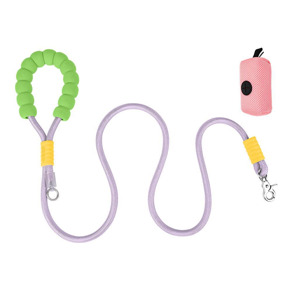 Multi-functional dog training walking leash in purple and green with attached pink poop bag.