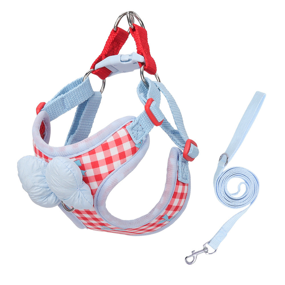 Korean Style Plaids Bow Dog Cat Chest Harness in blue and white, with red and silver buckles, and matching leash.