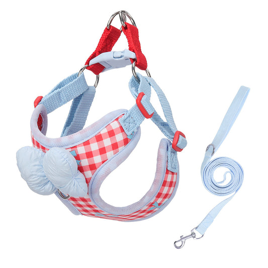Korean Style Plaids Bow Dog Cat Chest Harness in blue and white, with red and silver buckles, and matching leash.