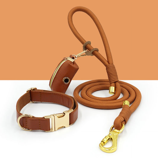 3 Pcs Leather Collar And Poop Bag Handmade Rope Leash Set