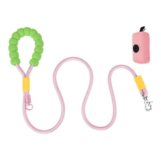Multi-functional pink dog training walking leash with yellow loop, green handle, and attached poop bag