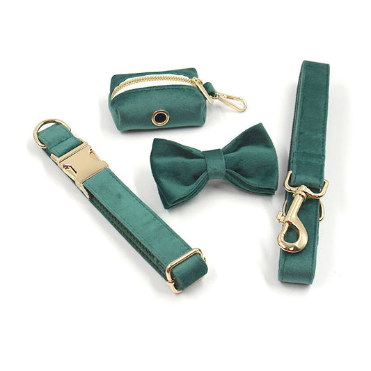 Green Stripe Velvet Personalized Dog Collar Leash Harness Bowtie Poop Bag Set