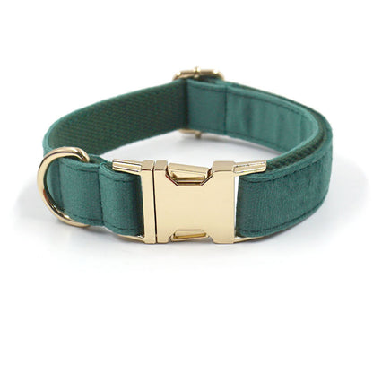 Green Stripe Velvet Personalized Dog Collar Leash Harness Bowtie Poop Bag Set