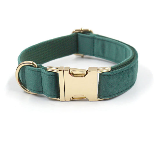 Green Stripe Velvet Personalized Dog Collar Leash Harness Bowtie Poop Bag Set