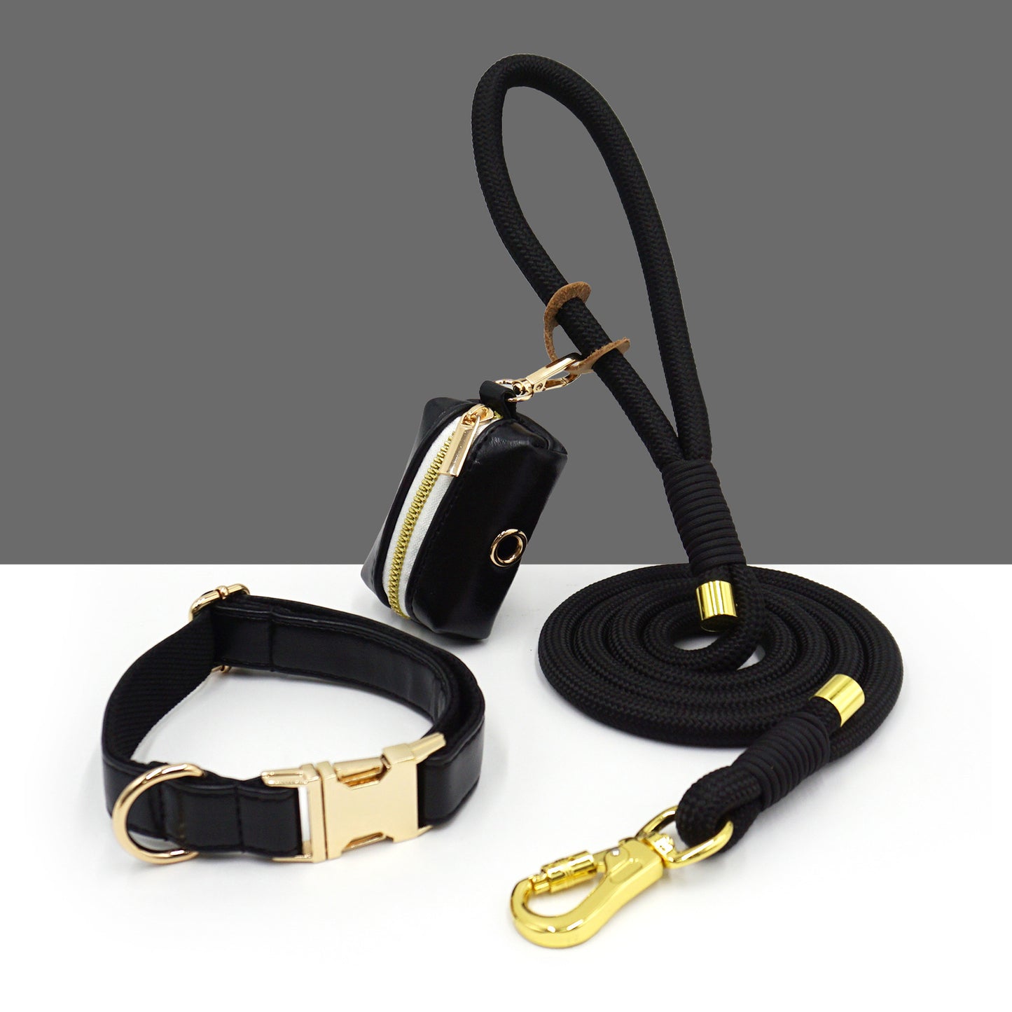 3 Pcs Leather Collar And Poop Bag Handmade Rope Leash Set