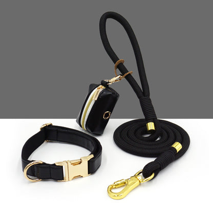 3 Pcs Leather Collar And Poop Bag Handmade Rope Leash Set