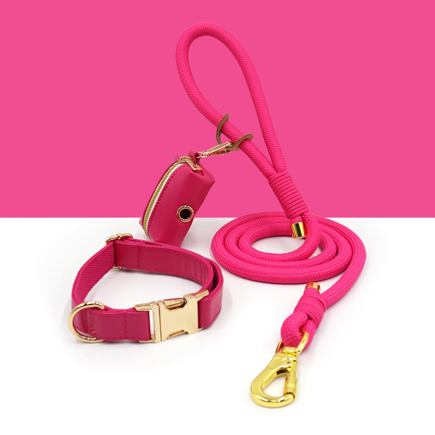 3 Pcs Leather Collar And Poop Bag Handmade Rope Leash Set