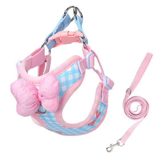Korean Style Plaids Bow Dog Cat Chest Harness with attached Leash in Pink and Blue color scheme