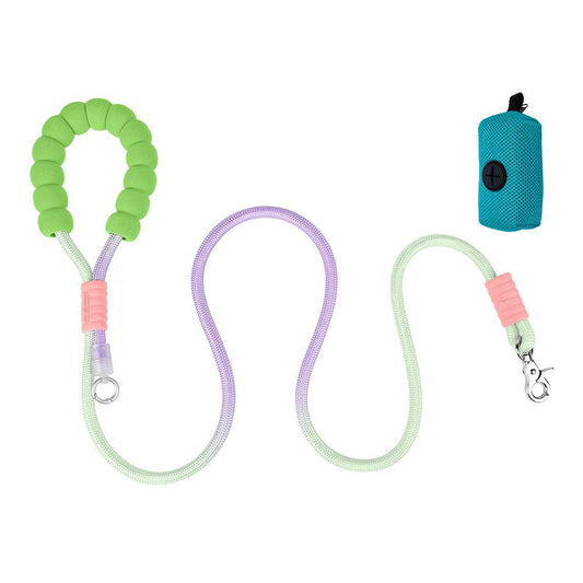 Multi-functional green and purple dog training walking leash with poop bag and pink collar attachment