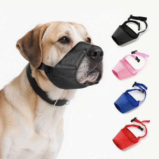 Adjustable Dog Mouth Cover in Black on a Tan Dog, Extra Breathable Muzzles in Black, Pink, Blue, and Red on White Background