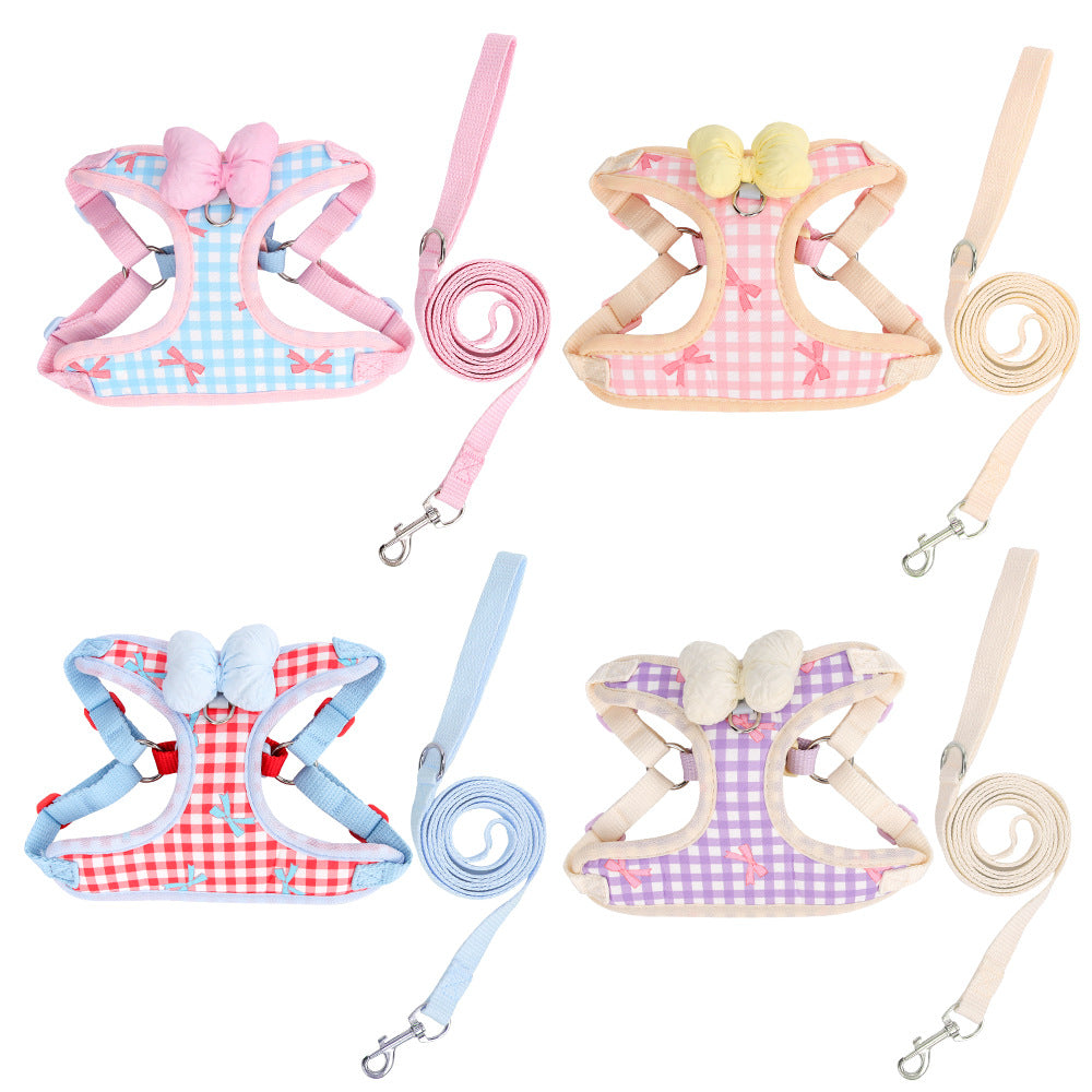 Korean style plaid bow dog cat chest harness in pink, blue, white, and purple colors with matching leash.