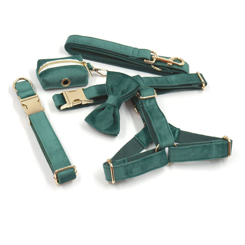 Green Stripe Velvet Personalized Dog Collar Leash Harness Bowtie Poop Bag Set