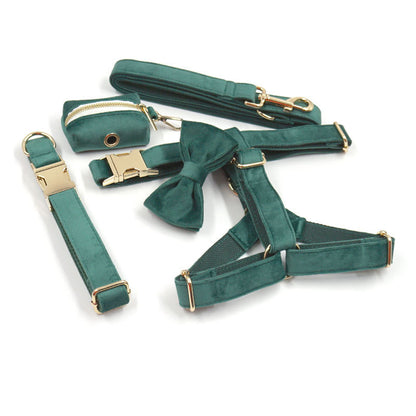 Green Stripe Velvet Personalized Dog Collar Leash Harness Bowtie Poop Bag Set