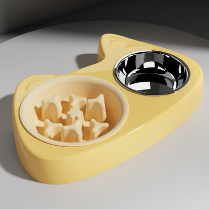 2 in 1 Double Pet Food Bowl Stainless Steel Slow Feeder Dog Bowl