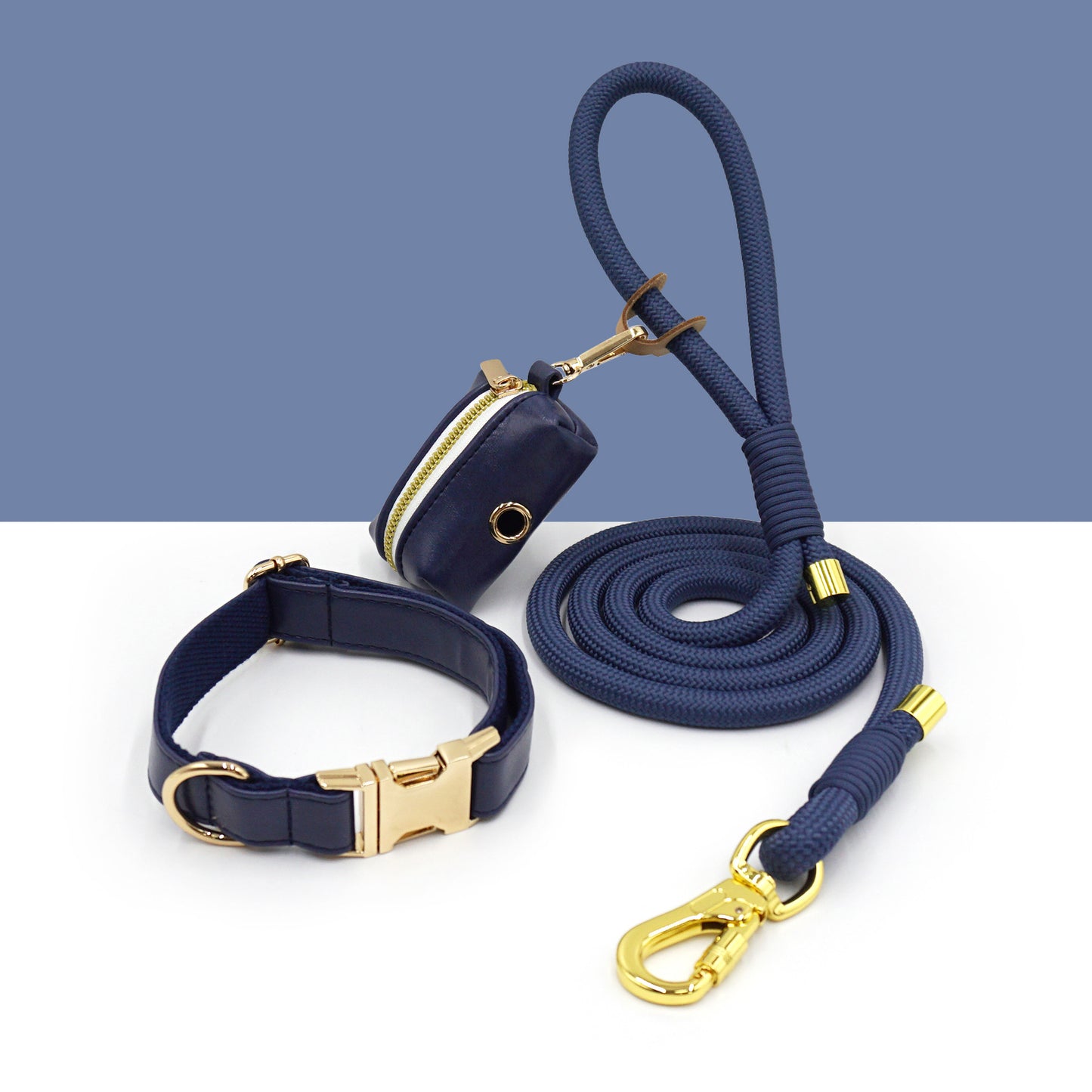 3 Pcs Leather Collar And Poop Bag Handmade Rope Leash Set