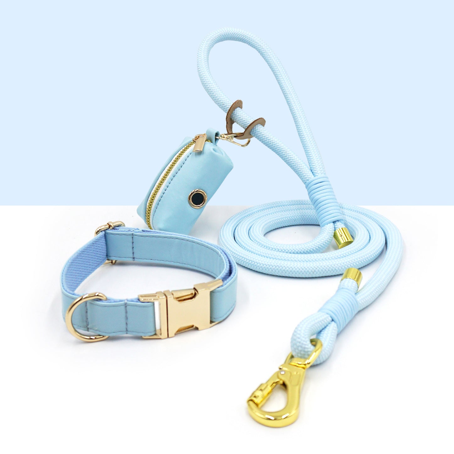 3 Pcs Leather Collar And Poop Bag Handmade Rope Leash Set