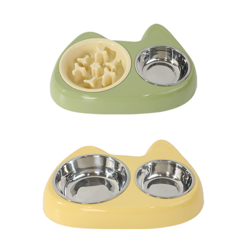 2 in 1 Double Pet Food Bowl Stainless Steel Slow Feeder Dog Bowl