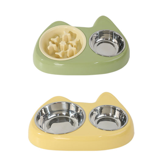 2 in 1 Double Pet Food Bowl Stainless Steel Slow Feeder Dog Bowl