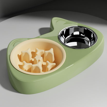 2 in 1 Double Pet Food Bowl Stainless Steel Slow Feeder Dog Bowl