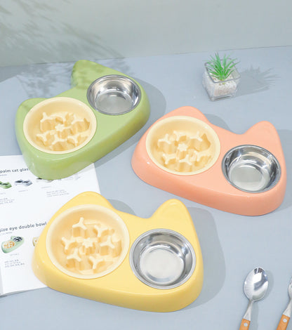 2 in 1 Double Pet Food Bowl Stainless Steel Slow Feeder Dog Bowl