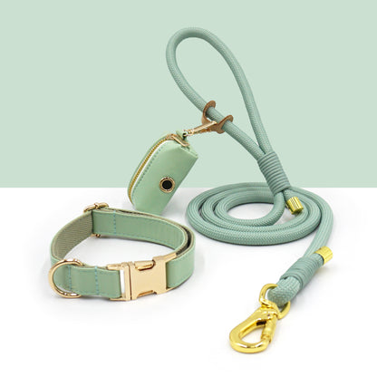 3 Pcs Leather Collar And Poop Bag Handmade Rope Leash Set