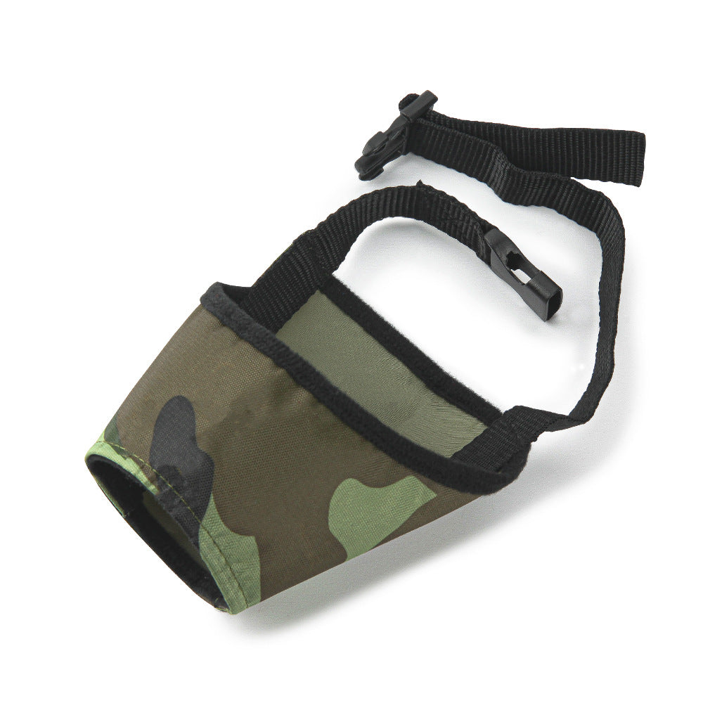 Adjustable camouflage Dog Mouth Cover with a black strap on a white background, made of breathable, tear-resistant material for anti-barking and light rain protection.