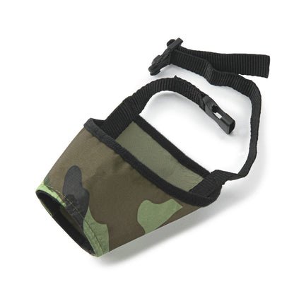 Adjustable camouflage Dog Mouth Cover with a black strap on a white background, made of breathable, tear-resistant material for anti-barking and light rain protection.