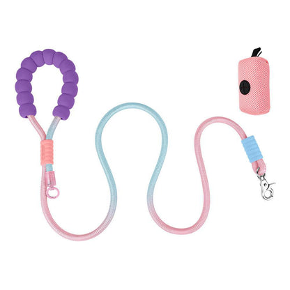 Multi-Functional Dog Training Walking Leash in pink and blue, with attached Poop Bag.