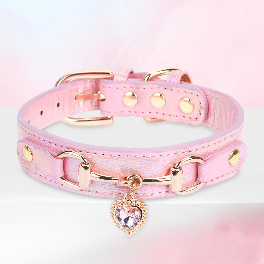 Heart-shaped PU Leather Jewelry Shiny Rhinestone Cat Collar