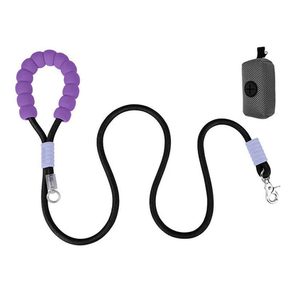 Multi-Functional Dog Training Walking Leash in Black with Purple Beaded Handle and Attached Poop Bag