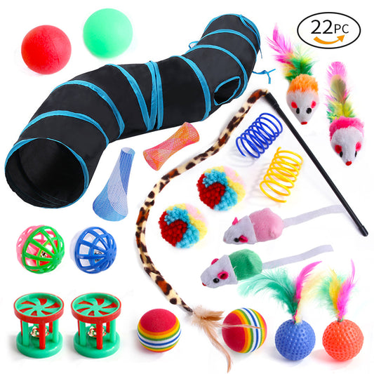 22PCS Cat Toy Feather Ball Bell Mouse Teaser Interactive Pet Cat Tunnel Set