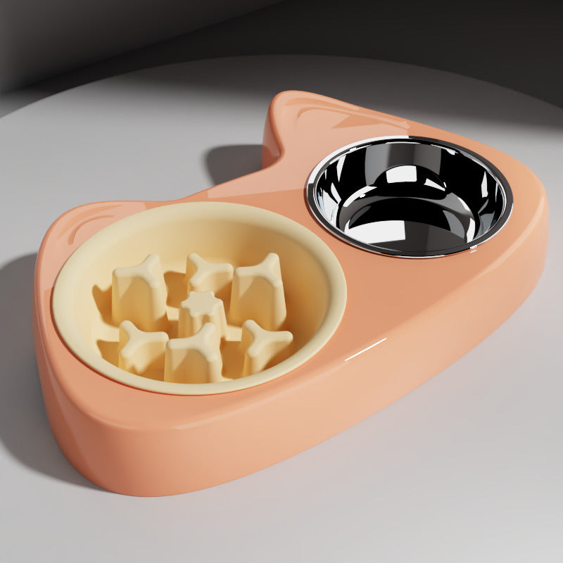 2 in 1 Double Pet Food Bowl Stainless Steel Slow Feeder Dog Bowl
