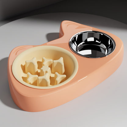 2 in 1 Double Pet Food Bowl Stainless Steel Slow Feeder Dog Bowl