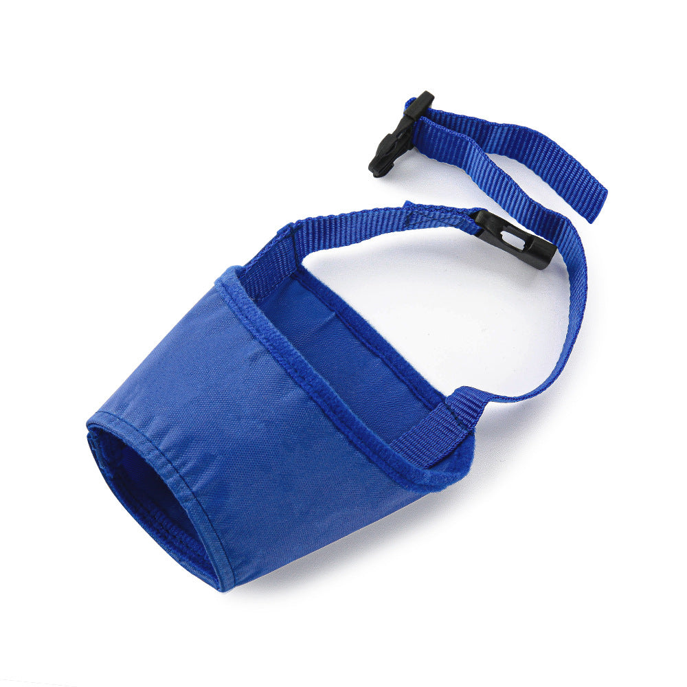 Adjustable blue dog muzzle with black strap on a white background, designed for breathability, anti-barking, and light rain protection.