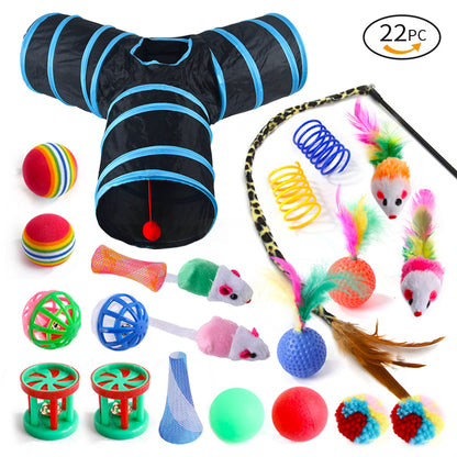 22PCS Cat Toy Feather Ball Bell Mouse Teaser Interactive Pet Cat Tunnel Set