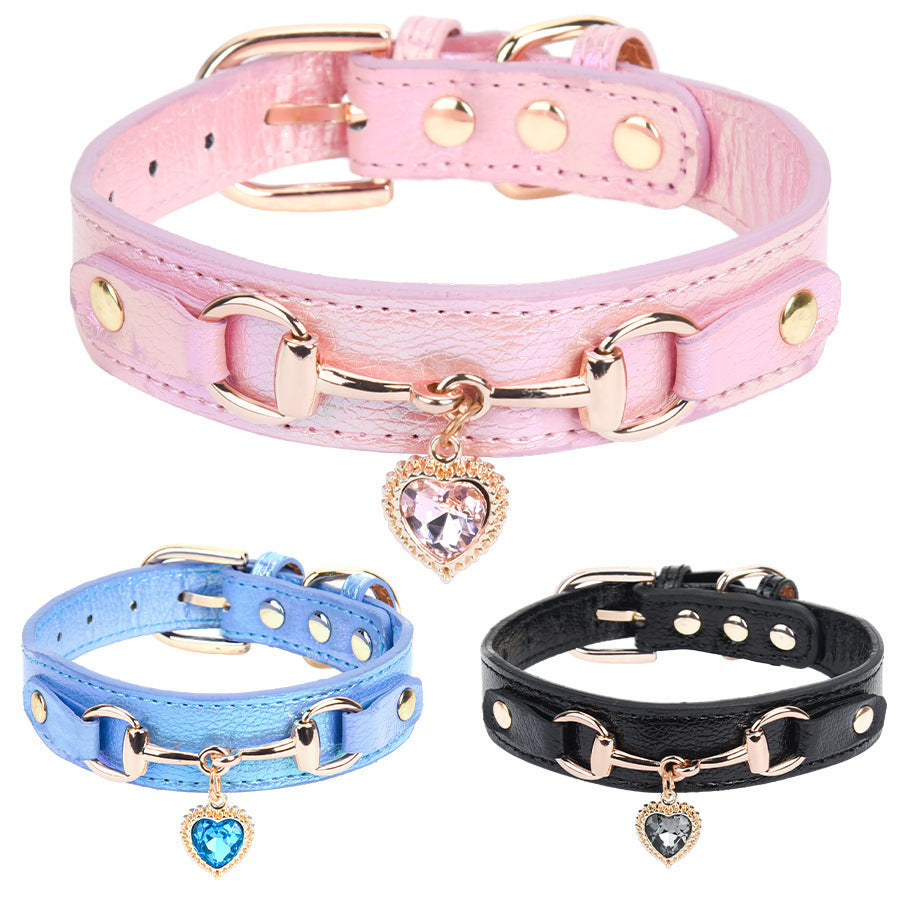 Heart-shaped PU Leather Jewelry Shiny Rhinestone Cat Collar