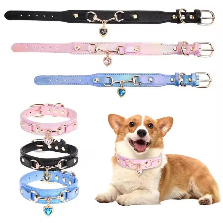 Heart-shaped PU Leather Jewelry Shiny Rhinestone Cat Collar