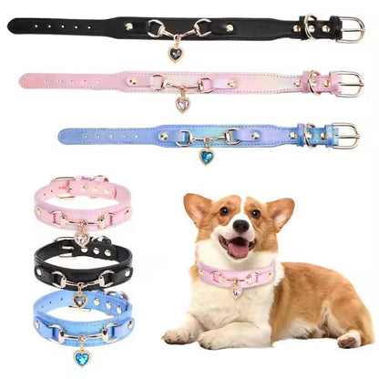Heart-shaped PU Leather Jewelry Shiny Rhinestone Cat Collar